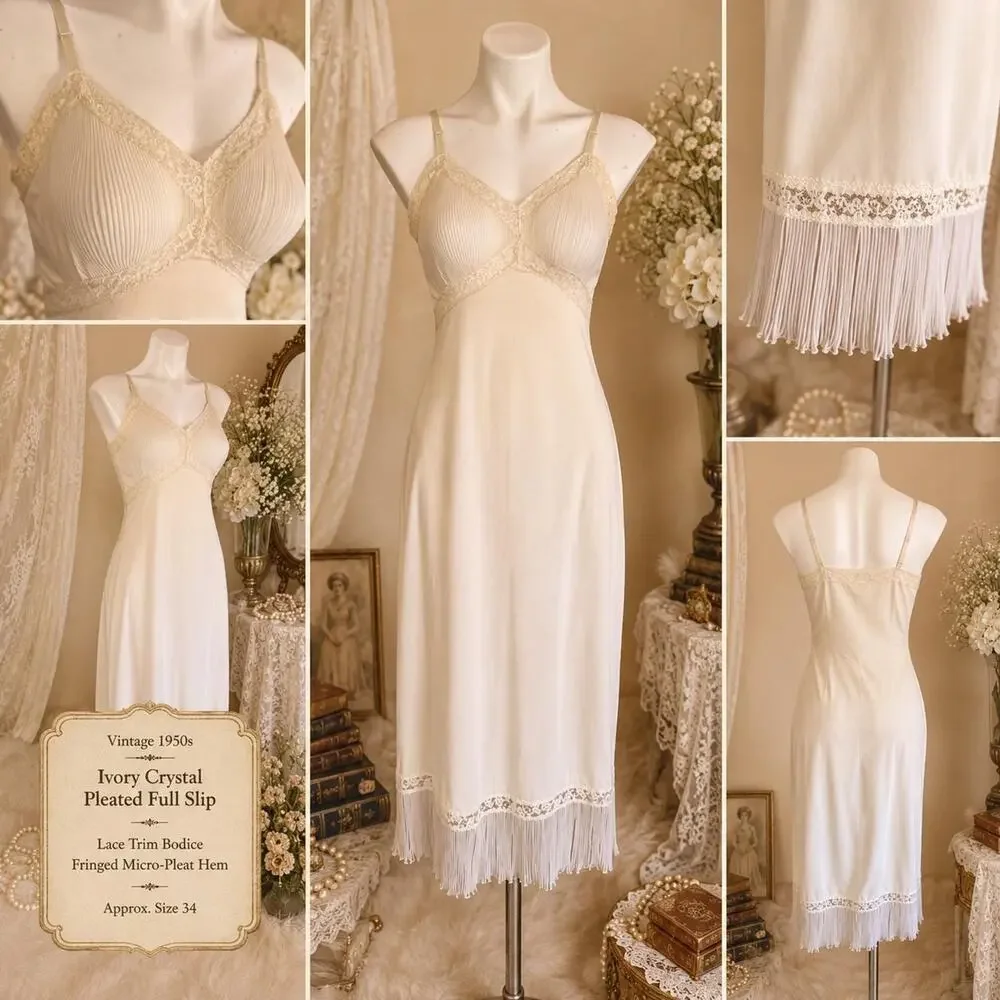 Vintage 1950s Ivory Crystal Pleated Full Slip Lace Trim Bodice Micro-Pleat Hem S